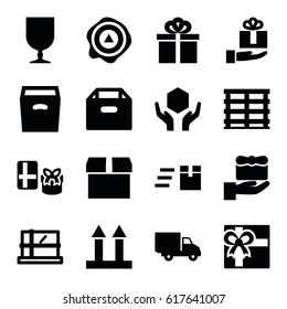 Parcel icons set. set of 16 parcel filled icons such as parcel, gift, cargo box, cargo arrow up, fragile cargo, handle with care, arrow up, delivery car, box, gift on hand