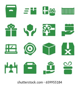 Parcel icons set. set of 16 parcel filled icons such as parcel, present, gift, cargo box, handle with care, arrow up, box, gift on hand, question box