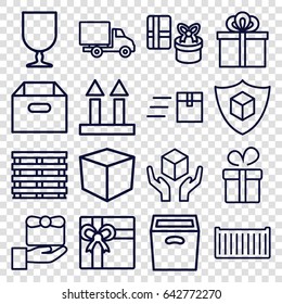 Parcel icons set. set of 16 parcel outline icons such as present, gift, cargo box, cargo arrow up, handle with care, delivery car, box