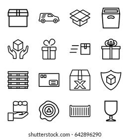 Parcel icons set. set of 16 parcel outline icons such as present, cargo box, fragile cargo, handle with care, box, arrow up, cargo insurance, delivery car, gift, parcel