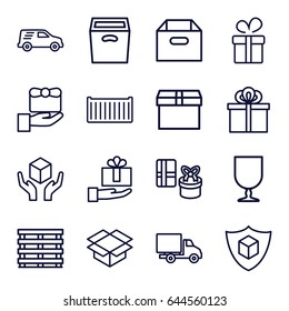 Parcel icons set. set of 16 parcel outline icons such as present, cargo box, fragile cargo, handle with care, box, cargo insurance, delivery car, gift