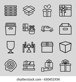 Parcel icons set. set of 16 parcel outline icons such as parcel, present, gift, cargo box, fragile cargo, box, arrow up, delivery car
