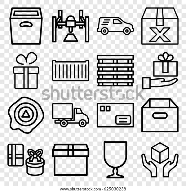 Parcel icons set. set of 16
parcel outline icons such as present, cargo box, fragile cargo,
handle with care, arrow up, delivery car, box, parcel, question
box, gift