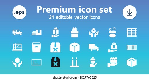 Parcel icons. set of 21 editable filled parcel icons includes parcel, present, box, gift, question box, cargo box, handle with care, gift on hand, express delivery