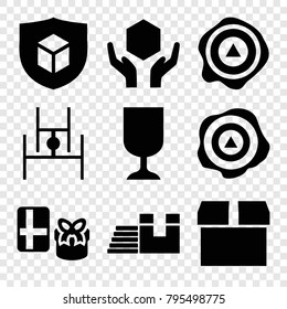 Parcel icons. set of 9 editable filled parcel icons such as box, gift, handle with care, arrow up, express delivery, fragile cargo