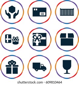 Parcel icons set. set of 9 parcel filled icons such as gift, cargo box, fragile cargo, handle with care, delivery car, parcel