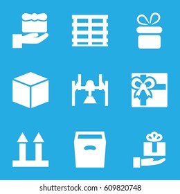 Parcel icons set. set of 9 parcel filled icons such as present, gift, cargo box, cargo arrow up, box