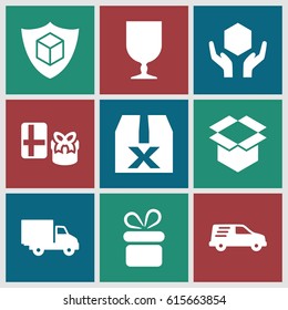 Parcel icons set. set of 9 parcel filled icons such as present, fragile cargo, handle with care, box, cargo insurance, delivery car, question box