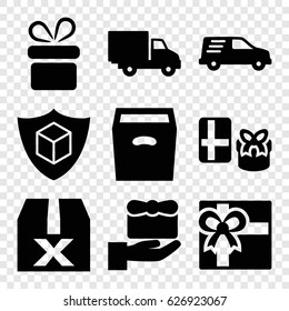 Parcel icons set. set of 9 parcel filled icons such as present, gift, cargo insurance, delivery car, box