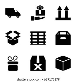 Parcel icons set. set of 9 parcel filled icons such as present, cargo box, cargo arrow up, box, delivery car, gift on hand