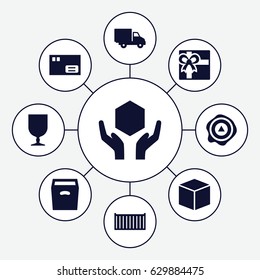 Parcel icons set. set of 9 parcel filled icons such as gift, cargo box, fragile cargo, handle with care, arrow up, delivery car, box