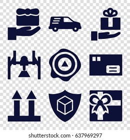 Parcel icons set. set of 9 parcel filled icons such as gift, cargo arrow up, arrow up, cargo insurance, delivery car, gift on hand, box