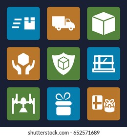 Parcel icons set. set of 9 parcel filled icons such as parcel, present, handle with care, cargo insurance, delivery car, box, express delivery