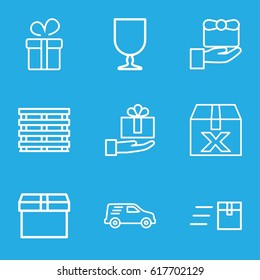Parcel icons set. set of 9 parcel outline icons such as present, cargo box, fragile cargo, delivery car, box, gift, express delivery, question box