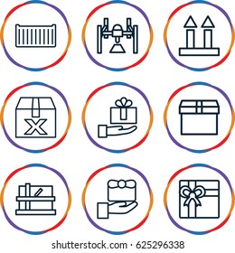 Parcel icons set. set of 9 parcel outline icons such as parcel, gift, cargo box, cargo arrow up, box, question box