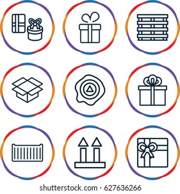 Parcel icons set. set of 9 parcel outline icons such as present, gift, cargo box, cargo arrow up, box