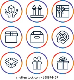 Parcel icons set. set of 9 parcel outline icons such as present, gift, cargo arrow up, handle with care, box