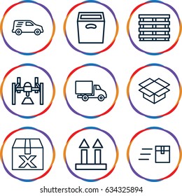Parcel icons set. set of 9 parcel outline icons such as cargo box, cargo arrow up, box, delivery car, express delivery