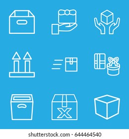 Parcel icons set. set of 9 parcel outline icons such as cargo arrow up, handle with care, box, gift, express delivery