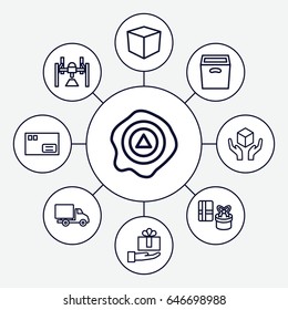 Parcel icons set. set of 9 parcel outline icons such as handle with care, arrow up, delivery car, box, parcel, gift