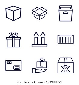 Parcel icons set. set of 9 parcel outline icons such as cargo box, cargo arrow up, box, gift, parcel, question box