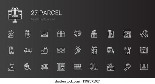 parcel icons set. Collection of parcel with box, gift, crate, delivery truck, delivery courier, van, gifts, mail truck, delivery, package. Editable and scalable parcel icons.