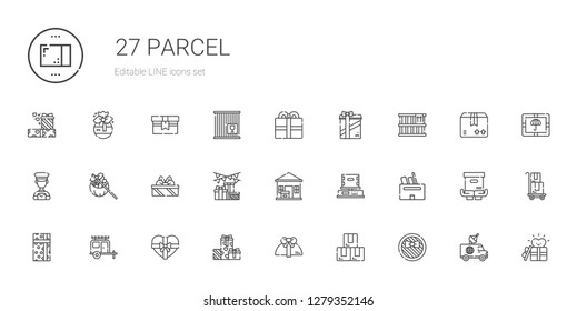 parcel icons set. Collection of parcel with gift, box, gifts, van, package delivered, postman, present, delivery, package, crate. Editable and scalable parcel icons.