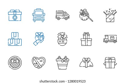 parcel icons set. Collection of parcel with gift, gifts, mail truck, box, delivery truck, van. Editable and scalable parcel icons.
