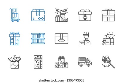 parcel icons set. Collection of parcel with gift, delivery truck, gifts, delivery courier, package, box, delivery. Editable and scalable parcel icons.