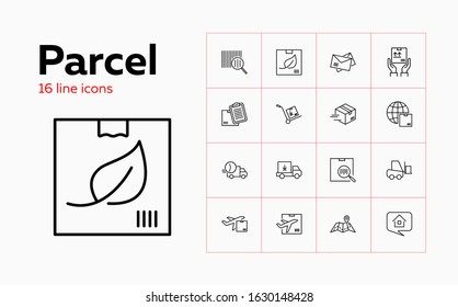 Parcel icons. Set of line icons. Envelope, barcode, express delivery, courier. Delivery concept. Vector illustration can be used for topics like transportation, freight, shipment