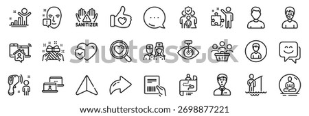 Parcel invoice, Headshot and Smile face line icons pack. Share, Message, Paper plane icons. Work home, Clean hands, Face attention web icon. Strategy, Journey path, Fisherman pictogram. Vector