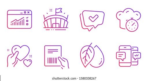 Parcel invoice, Hold heart and Cooking timer line icons set. Arena, Mineral oil and Approved signs. Web traffic, Smartphone sms symbols. Delivery document, Care love. Business set. Vector
