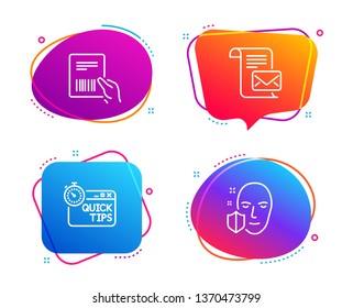 Parcel invoice, Mail letter and Quick tips icons simple set. Face protection sign. Delivery document, Read e-mail, Helpful tricks. Secure access. Business set. Speech bubble parcel invoice icon