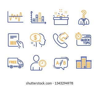 Parcel invoice, Time management and Pay icons simple set. Diagram graph, Present box and Share call signs. Hiring employees, Ab testing and Stock analysis symbols. Line parcel invoice icon. Vector