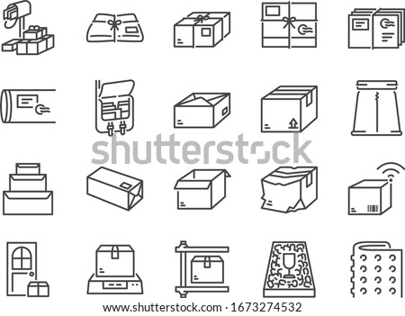 Parcel line icon set. Included the icons as package, box, packing, shipping, delivery, mail, bubble wrap, foam pellets and more.