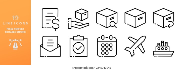 Parcel line icons set. Editable stroke, database, search, transportation, coding, deadline, marking, aircraft, ship. The concept of data encryption. Vector black line icons set on a white background