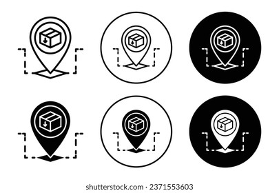 Parcel location Icon. Product packaging delivery track service on all location symbol set. Online package courier or shipping to address worldwide vector sign. Location pointer pin on map line logo. 