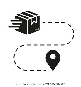 Parcel Location Silhouette Icon. Delivery Service Route Glyph Pictogram. Pin on Map with Box Solid Sign. Shipment Distance Symbol. Order Path. Isolated Vector Illustration.