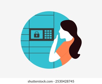Parcel locker - autonomous self-service terminal with locked cells for postal delivery. Contactless service allows users to retrieve packages by entering password on digital panel