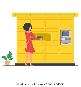 a parcel locker with an open door and a customer, woman removing an Amazon package from the locker. vector