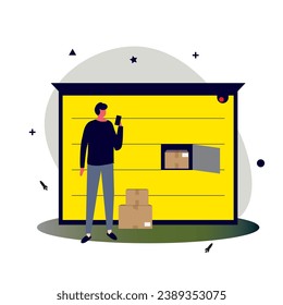 Parcel locker terminal with a satisfied customer.