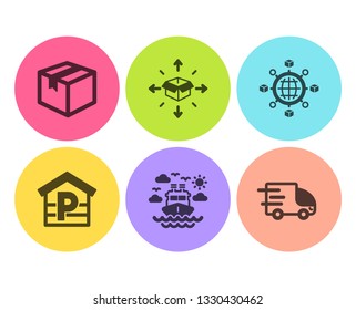 Parcel, Logistics network and Parcel delivery icons simple set. Parking, Ship travel and Truck delivery signs. Shipping box, International tracking. Transportation set. Flat parcel icon. Circle button