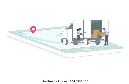 Parcel and mail delivery service and tracking app website template. Smartphone with map on the screen and people load cargo into the truck. Online Navigation shipping. Flat Art Vector illustration
