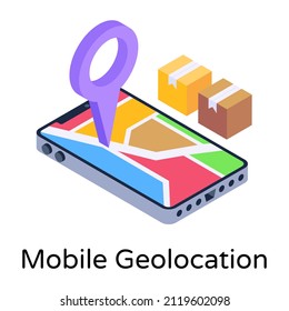 Parcela con mapa móvil que denota icono isométrico de geolocalización móvil 

