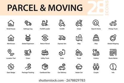 Paquete de iconos de línea único para paquetes y mudanzas: Colección de Vector moderna de Profesional con símbolos mínimos y creativos para carga y logística