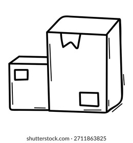 Paket, in einer Box bestellen, Kurierdienst, Einkauf, schwarz-weißer Vektor einzeln, handgezeichnet, Vektor einzeln, handgezeichnet