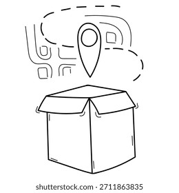 Paket, in einer Box bestellen, Kurierdienst, Einkauf, schwarz-weißer Vektor einzeln, handgezeichnet, Vektor einzeln, handgezeichnet