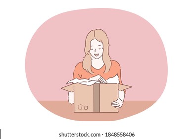 Parcel, order delivery, holiday present in box concept. Young girl teen cartoon character feeling happy of receiving box with gift or online order delivered to home and unpacking contests from paper