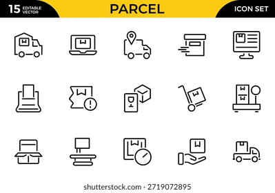 Conjunto de iconos de contorno de paquete. Métodos de entrega, mensajería, seguimiento de pedidos, caja. Paquete de iconos de contorno delgado. Ilustración vectorial