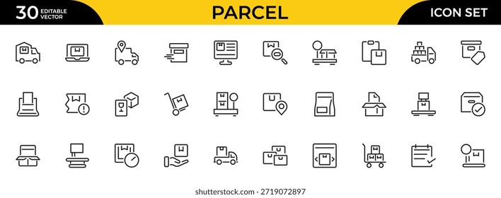 Conjunto de iconos de contorno de paquete. Métodos de entrega, mensajería, seguimiento de pedidos, caja. Paquete de iconos de contorno delgado. Ilustración vectorial